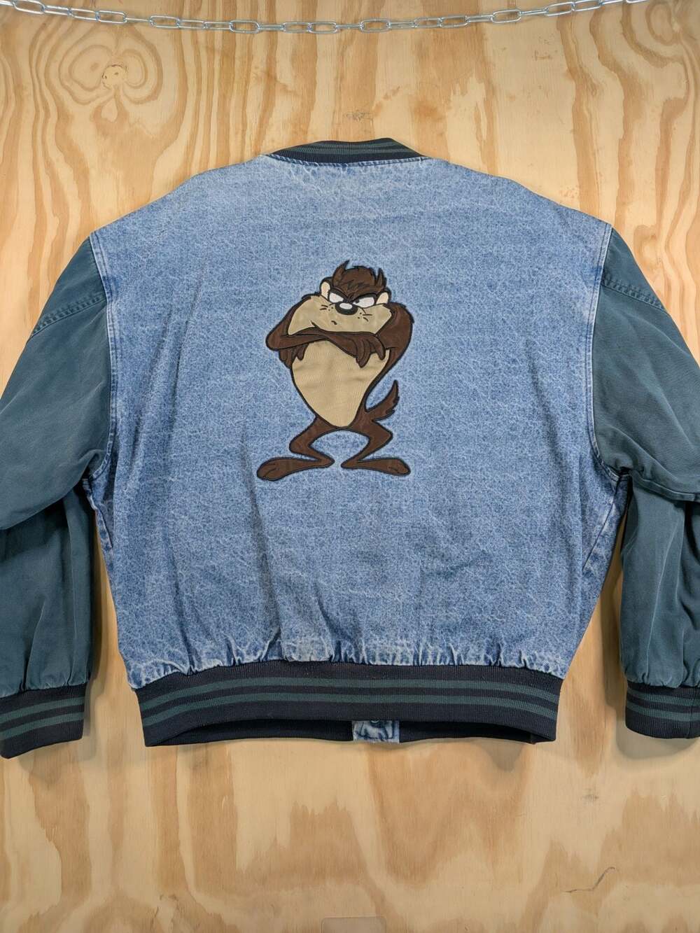Vintage 90s Warner Bros Looney Tunes Taz Denim Jacket with Green Sleeves